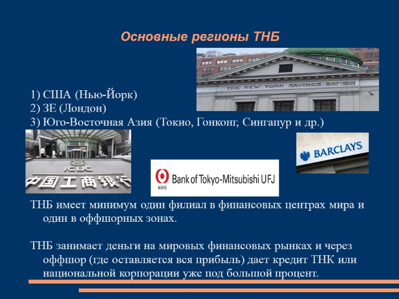 Основные регионы ТНБ США (Нью-Йорк) ЗЕ (Лондон) Юго-Восточная Азия (Токио, Гонконг, Сингапур и др.)